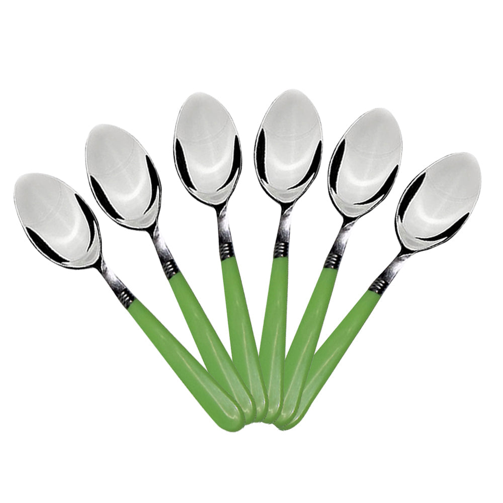 Set of 6 dining spoons with comfortable grip for home use. Set of 6 dining spoons with comfortable grip for home use.